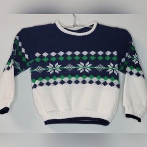 Vintage Retro 80s 90s Bull Frog Navy Blue Green White Snowflake Abstract Sweater